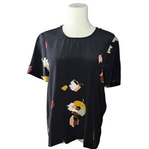 Madewell Silk Floral Abstract Artsy Top | Short Sleeve Blouse | Black | XS
